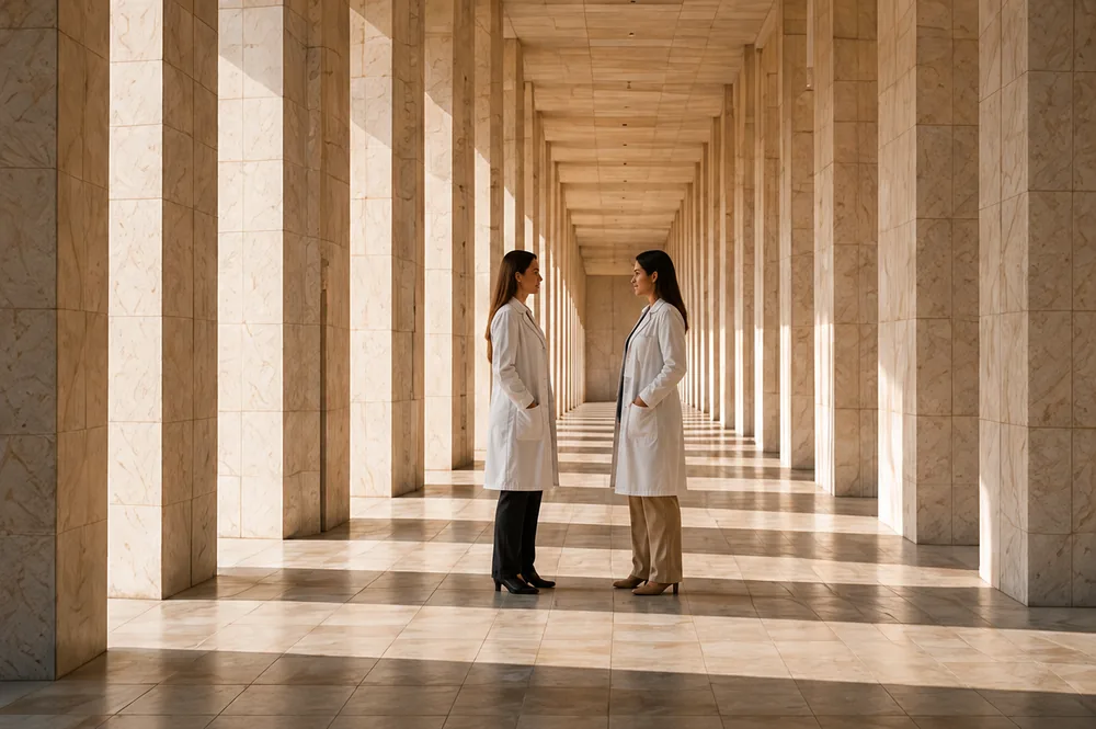 Two healthcare professionals speaking in an institutional corridor