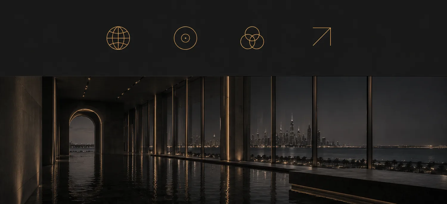 Dark architectural interior overlooking an international skyline